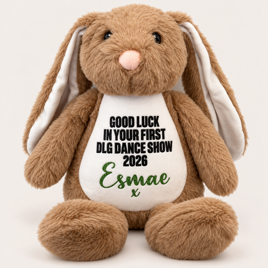 Personalised brown bunny teddy with a good luck message for a first DLG dance show, Grace & Grayson
