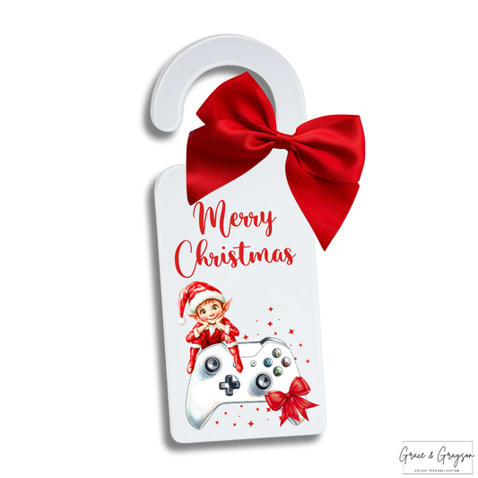 Personalised Christmas Elf Gamer White Door Hanger Sign