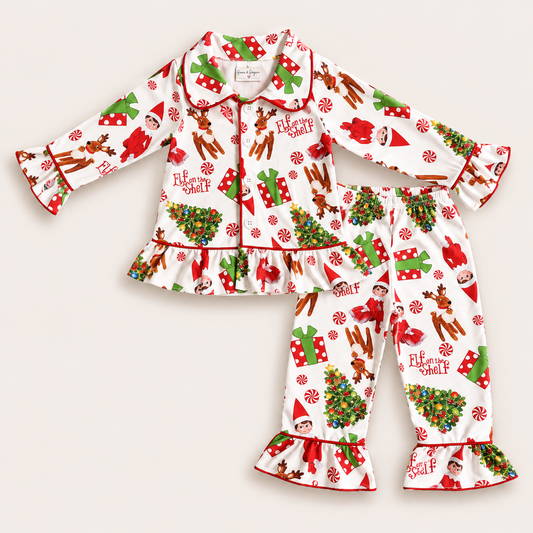 Personalised girls’ Elf on the Shelf Christmas frill pyjamas with elves, reindeer, gifts and Christmas trees by Grace & Grayson