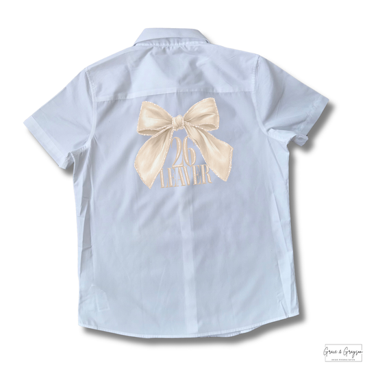 Neutral bow design: "Neutral Leavers Bow 2026 Shirt - Personalised school leavers t-shirt"