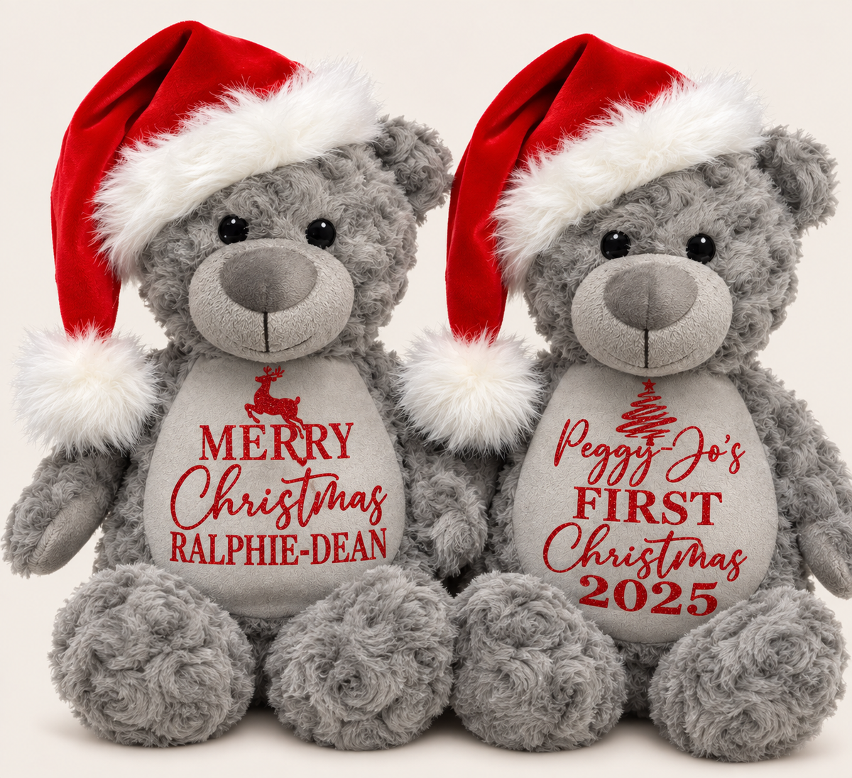 Two grey teddy bears in Santa hats with “Merry Christmas” and “First Christmas” messages, Grace & Grayson