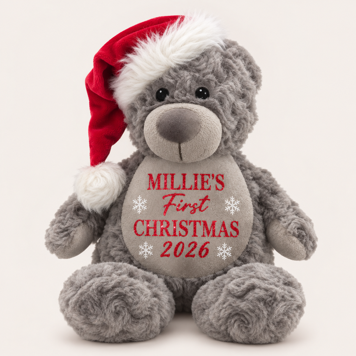 Grey teddy in a Santa hat with “First Christmas 2026” lettering and snowflakes, Grace & Grayson