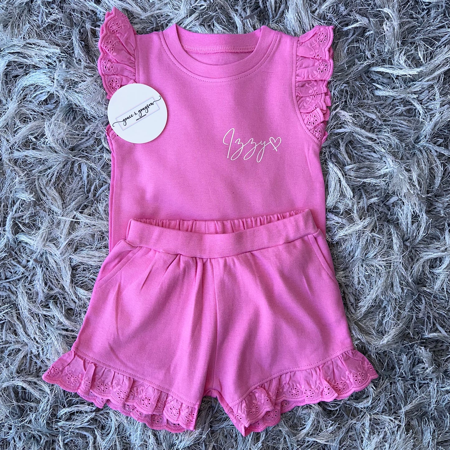 Pink Broderie Frill Shorts & T-Shirt Set