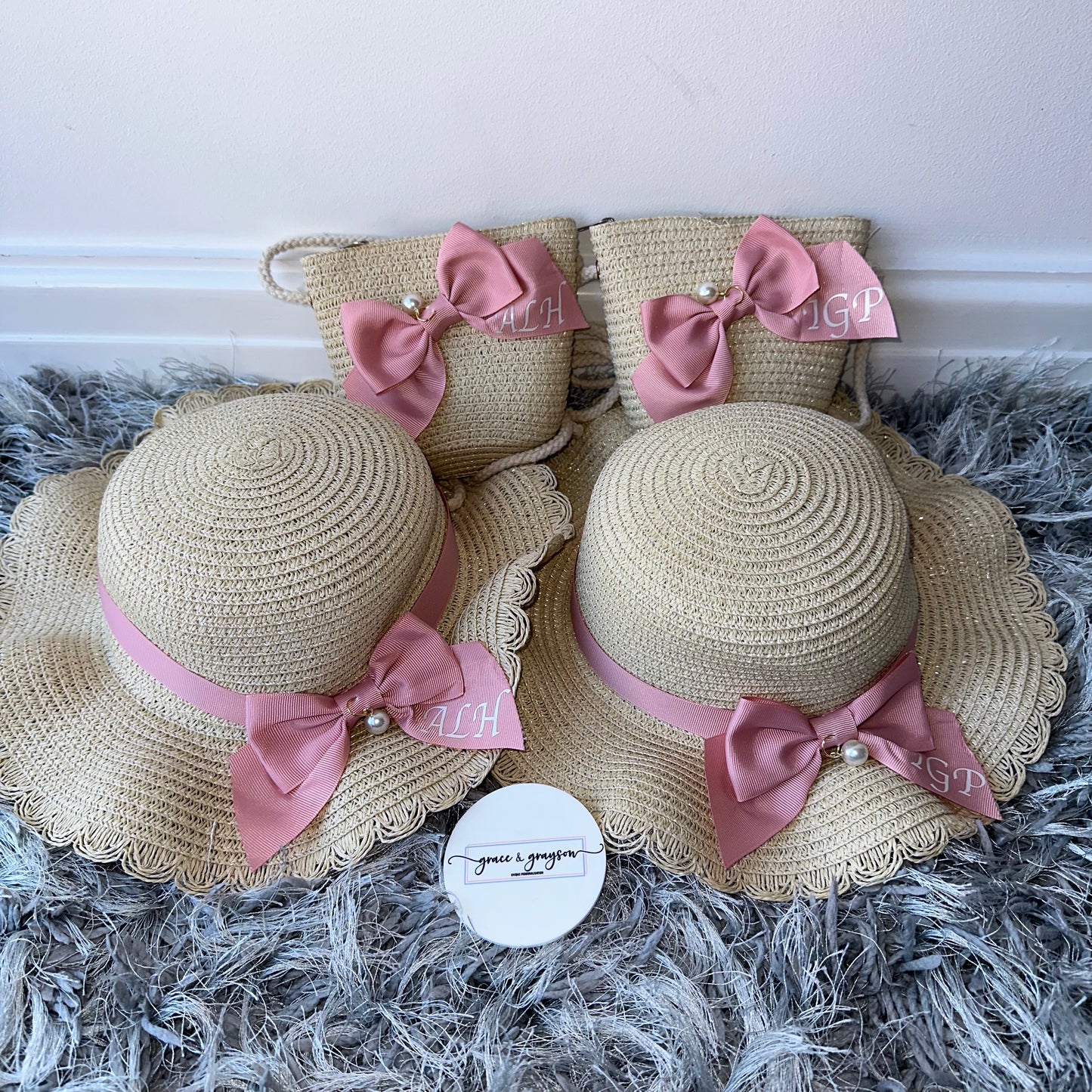 Personalised Pearl & Bow Straw Hat & Bag Set