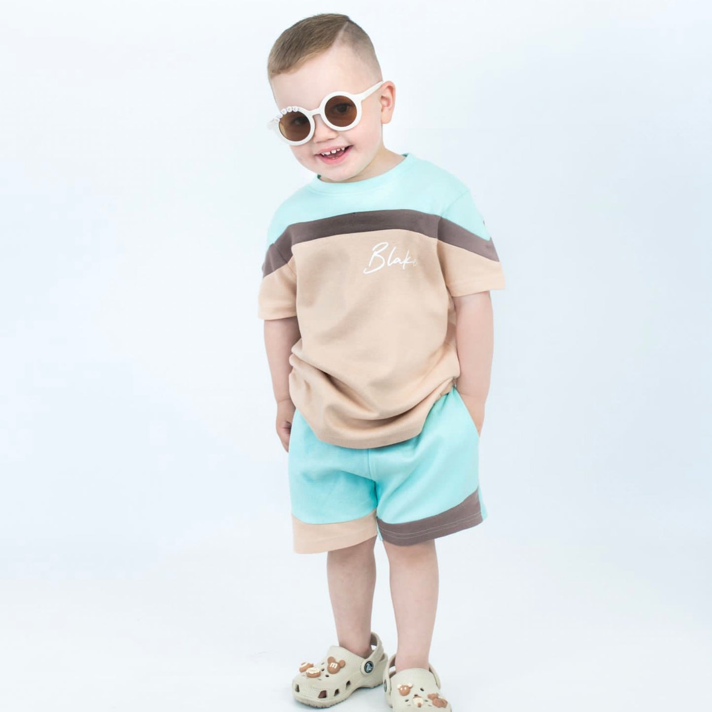 Turquoise Blue & Sand Mix Shorts & T-Shirt Set