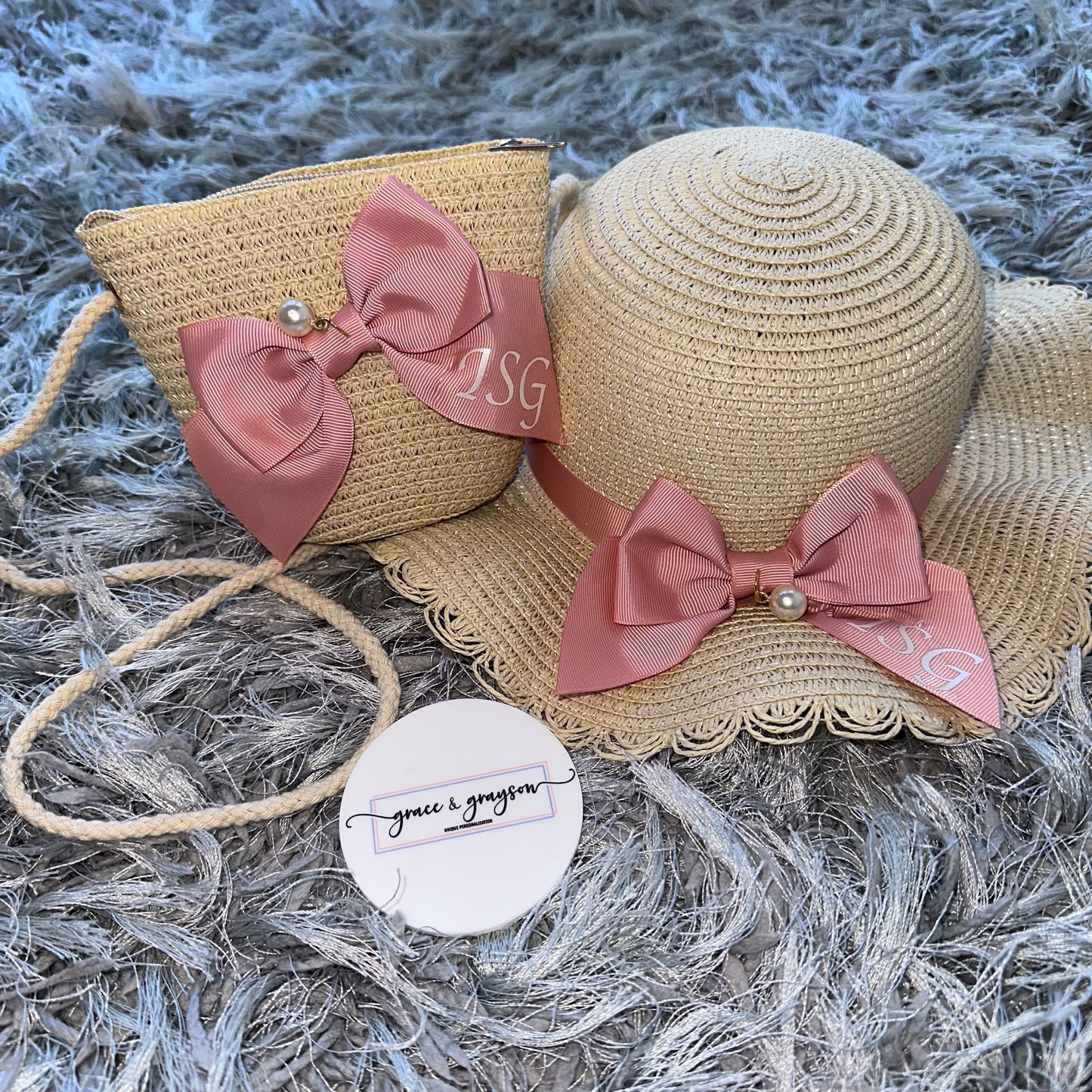 Personalised Pearl & Bow Straw Hat & Bag Set