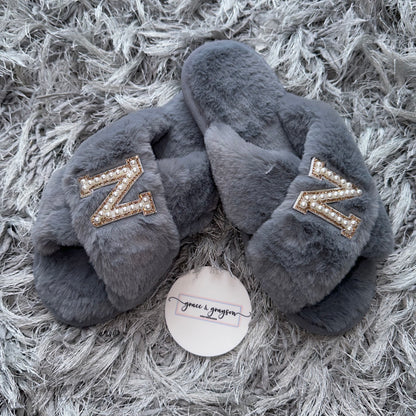 Personalised Pearl Initial Faux Fur Slippers Grace Grayson