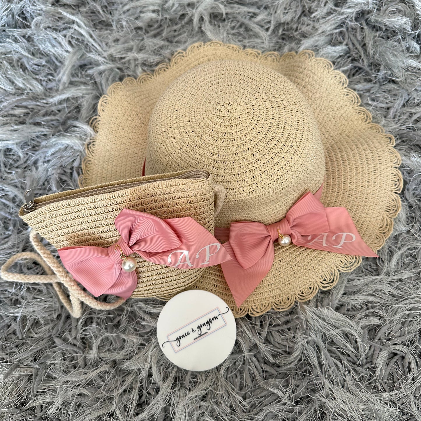 Personalised Pearl & Bow Straw Hat & Bag Set