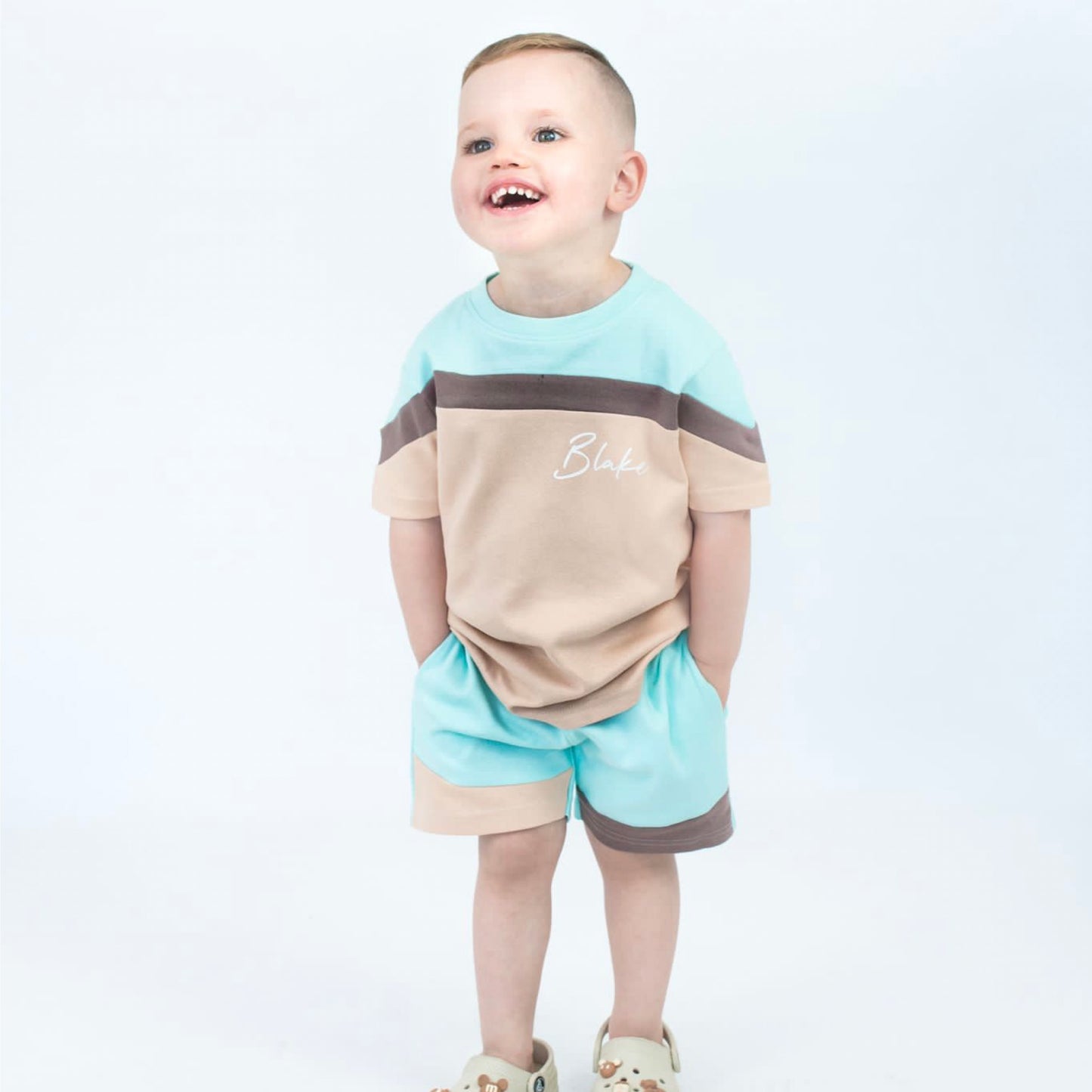 Turquoise Blue & Sand Mix Shorts & T-Shirt Set