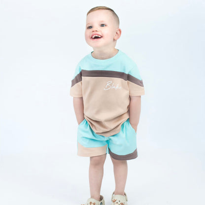 Turquoise Blue & Sand Mix Shorts & T-Shirt Set