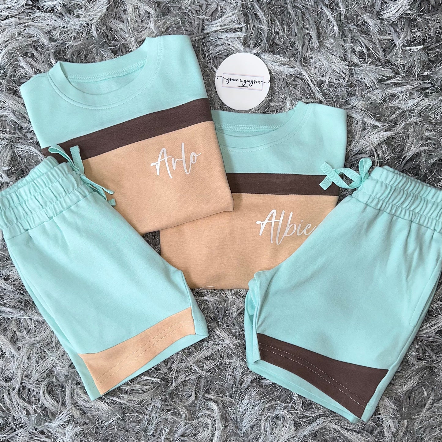 Turquoise Blue & Sand Mix Shorts & T-Shirt Set