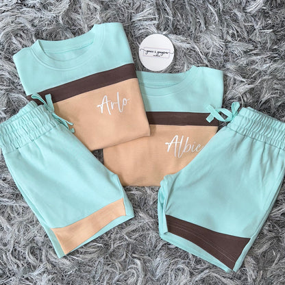 Turquoise Blue & Sand Mix Shorts & T-Shirt Set