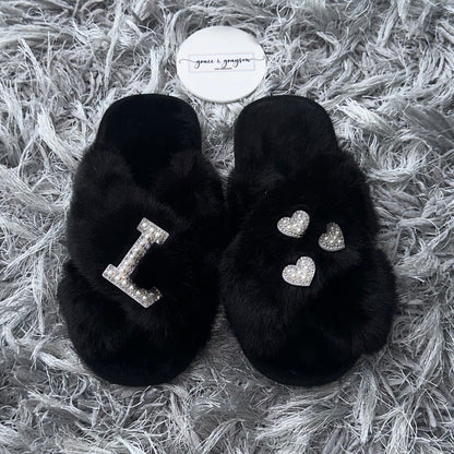 Kids Personalised Pearl Initial & Heart Faux Fur Slippers