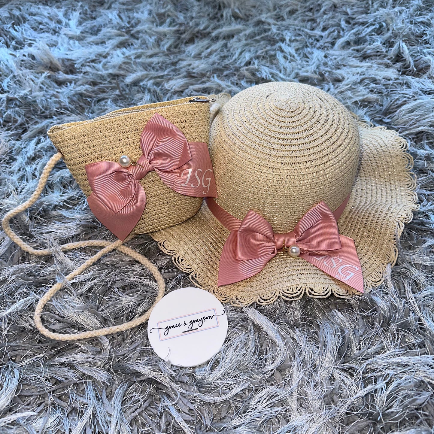 Pearl Bow Straw Hat & Bag Set