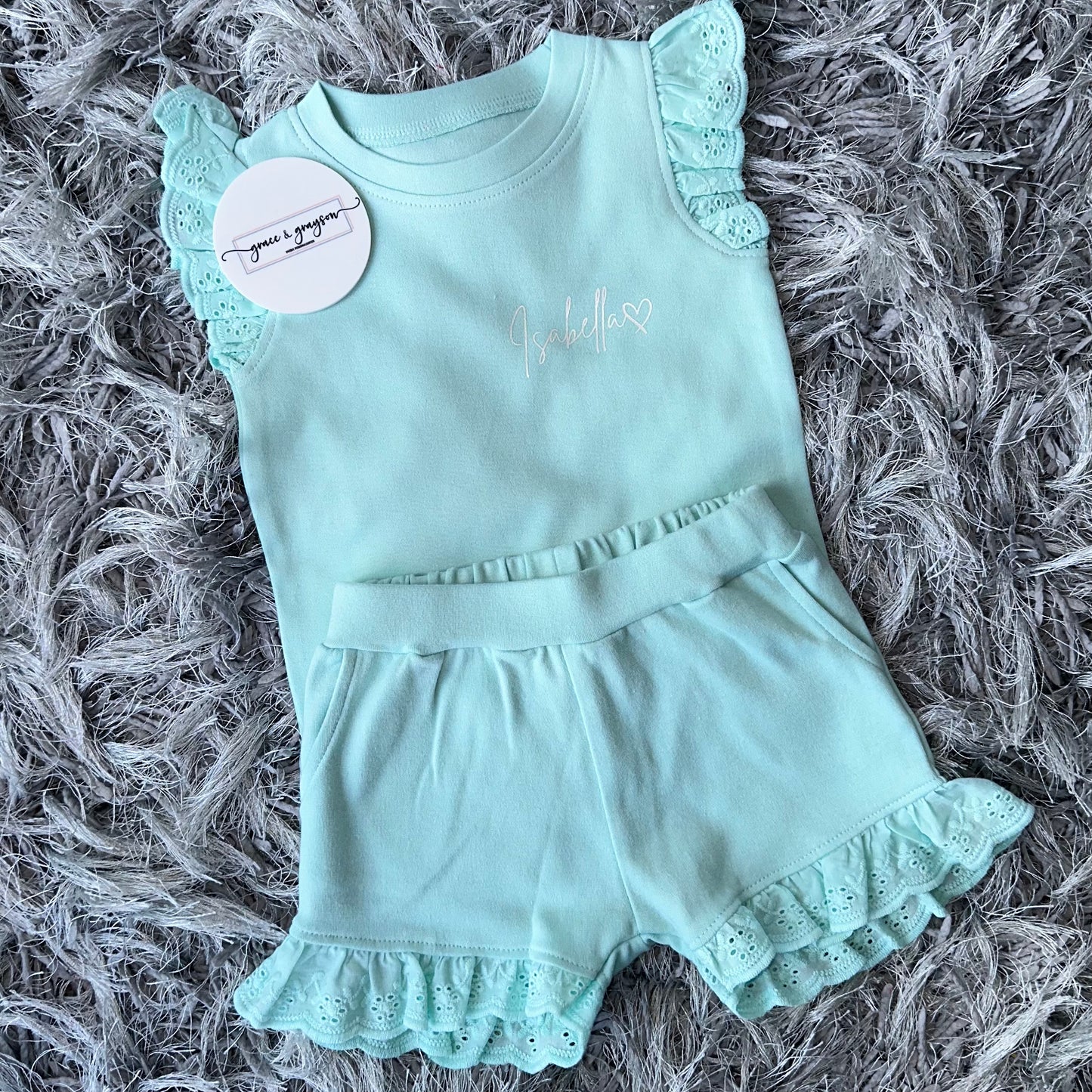 Turquoise Blue Broderie Frill Shorts & T-Shirt Set