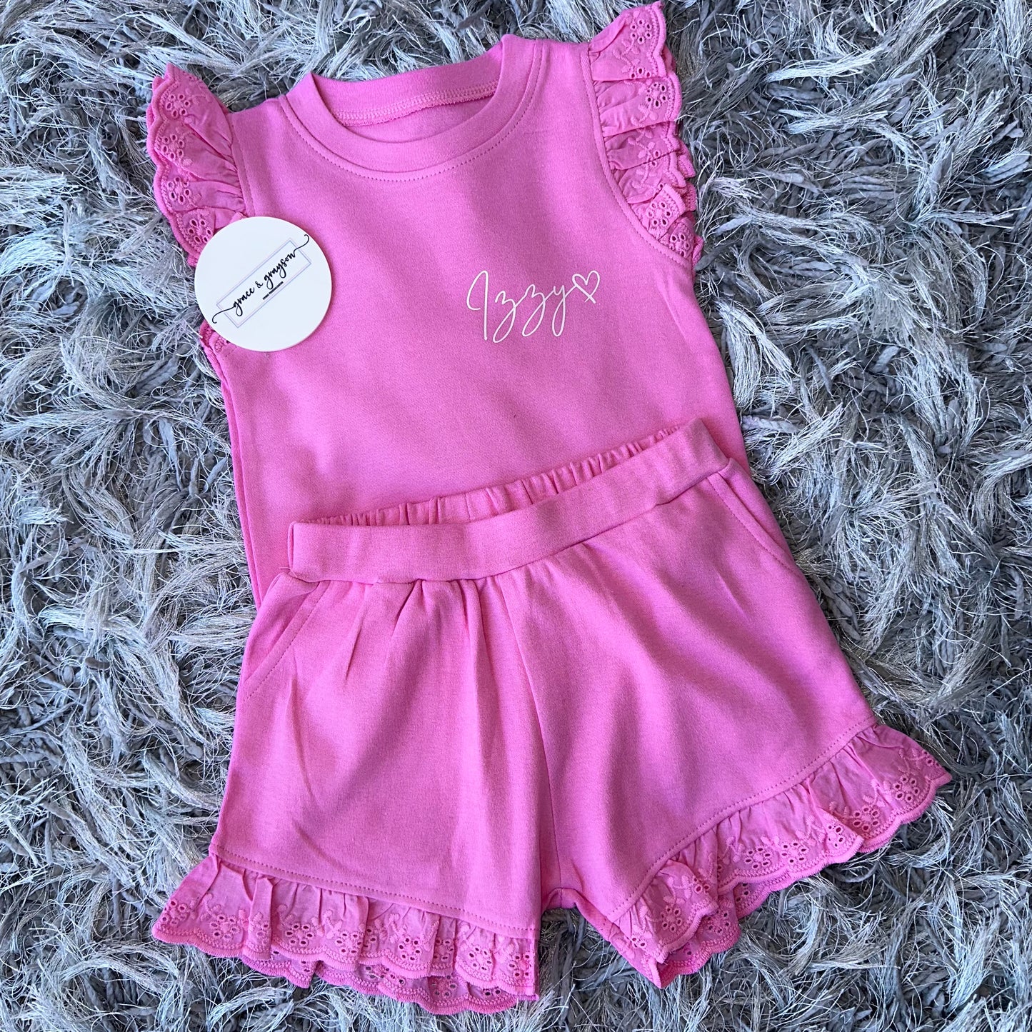 Pink Broderie Frill Shorts & T-Shirt Set