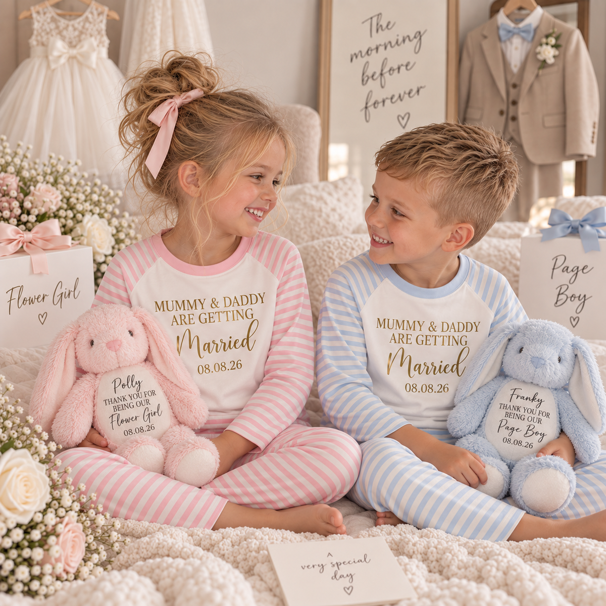 Two children wearing matching personalised pink and blue striped pyjamas with a “Mummy & Daddy Are Getting Married” design, holding flower girl and page boy keepsake bunnies, Grace & Grayson