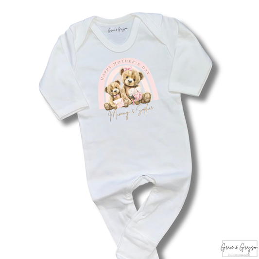 Personalised Happy Mother's Day Pink Rainbow Bear Baby Grow