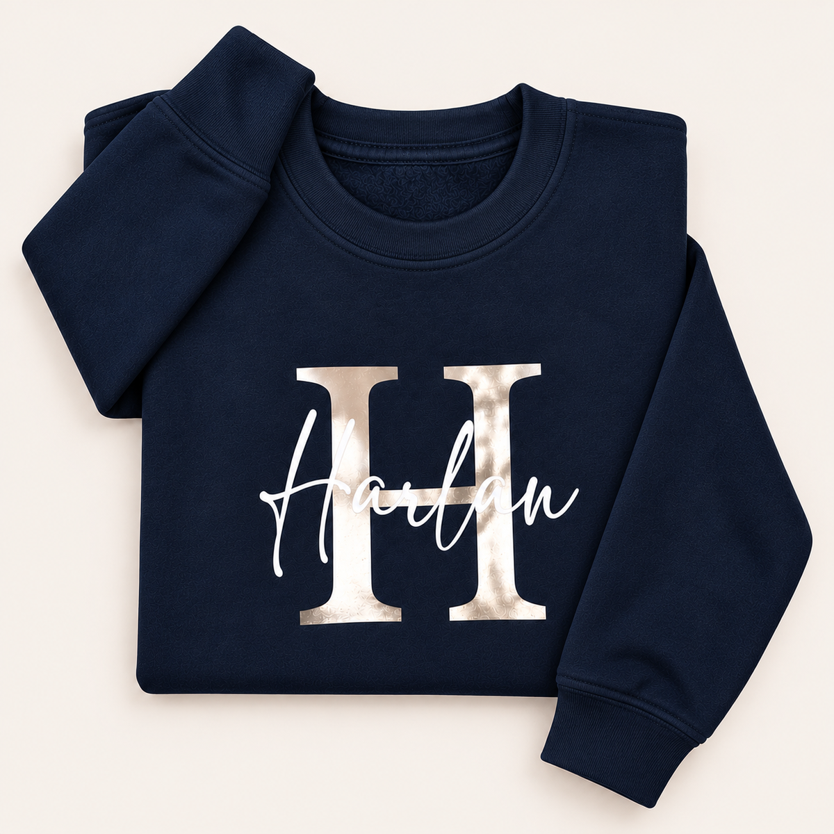  Navy personalised sweatshirt with a silver initial and white script name | Grace & Grayson
