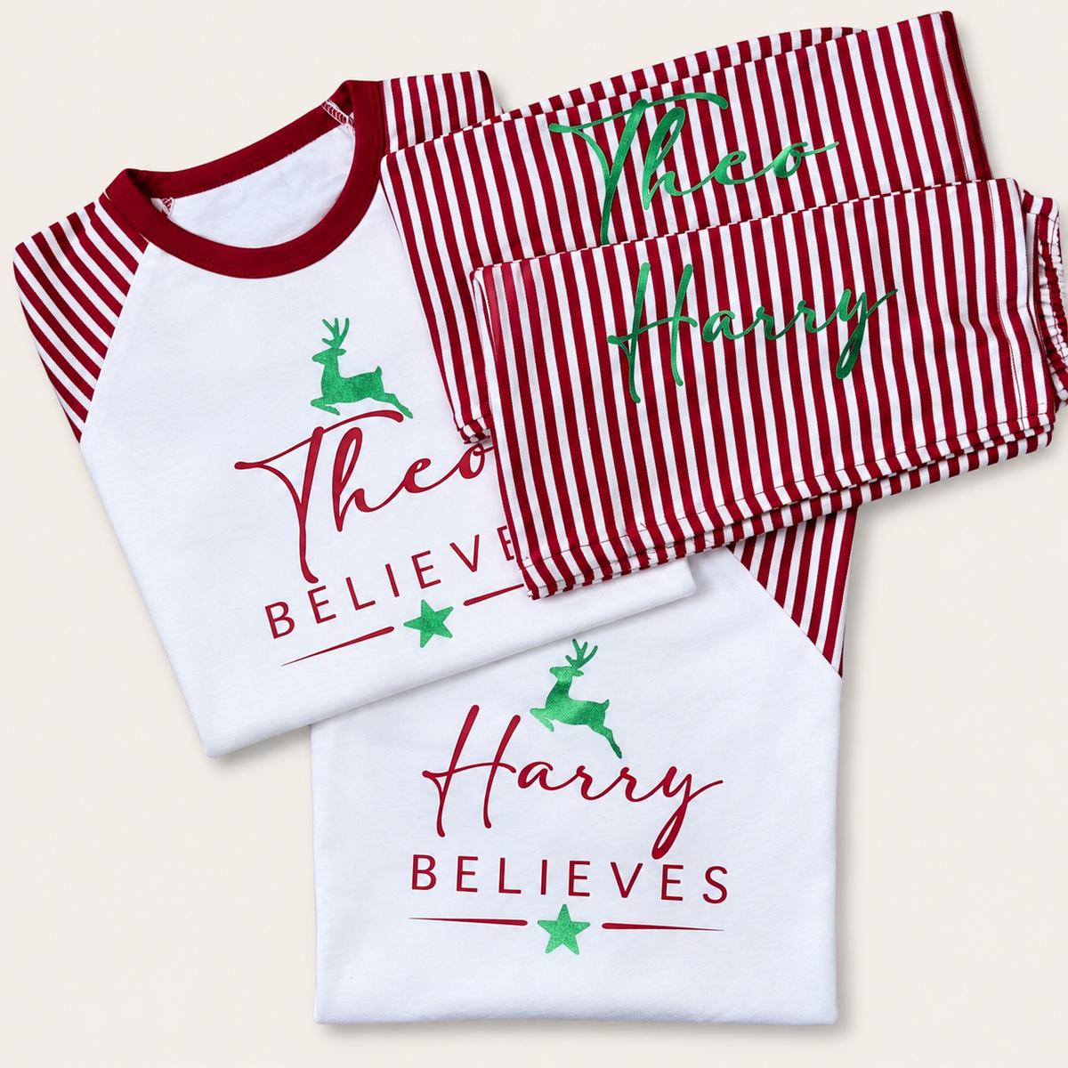 Red and white striped personalised Believes Christmas pyjamas shown as a coordinated set with matching personalised tops and bottoms, Grace & Grayson