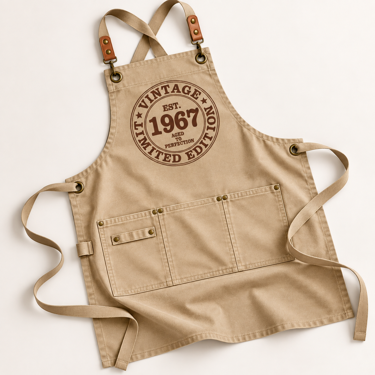  personalised Vintage Limited Edition apron in latte with a Vintage 1966 year design and front pockets, Grace & 