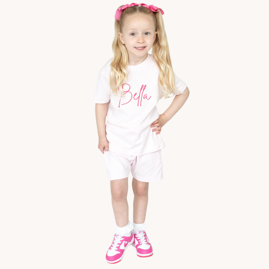 personalised pastel pink shorts and t shirt set for girls