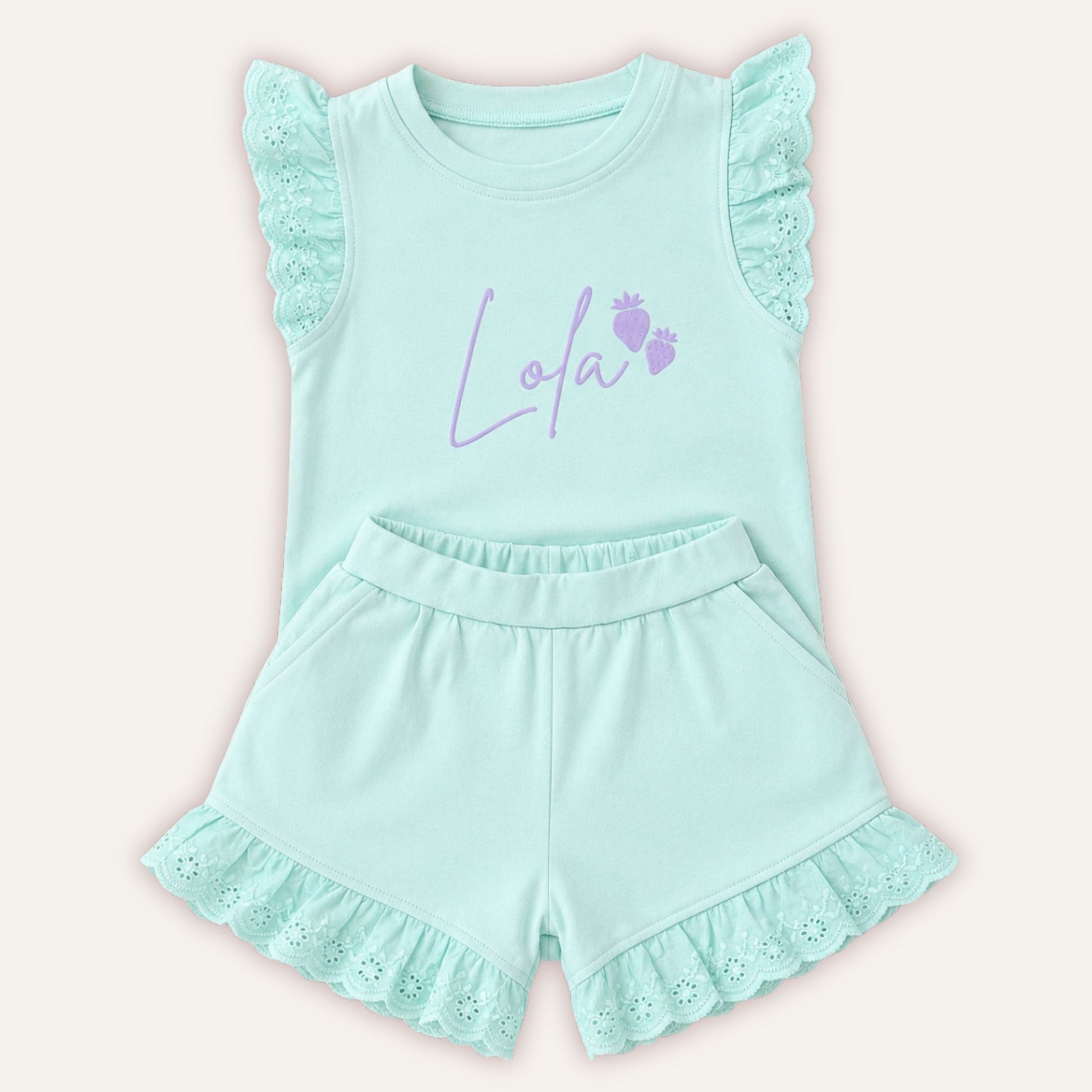 personalised strawberry broderie frill shorts and top set – Grace & Grayson
