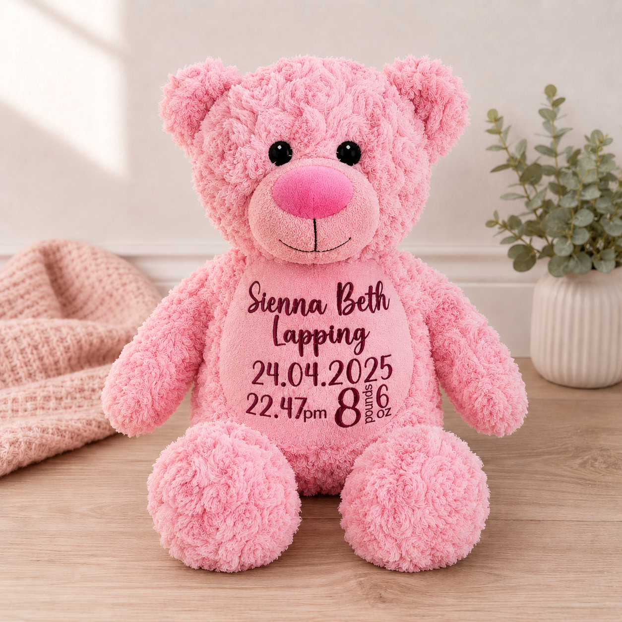 Newborn gift personalised teddy bear with name and birth details – Grace & Grayson
