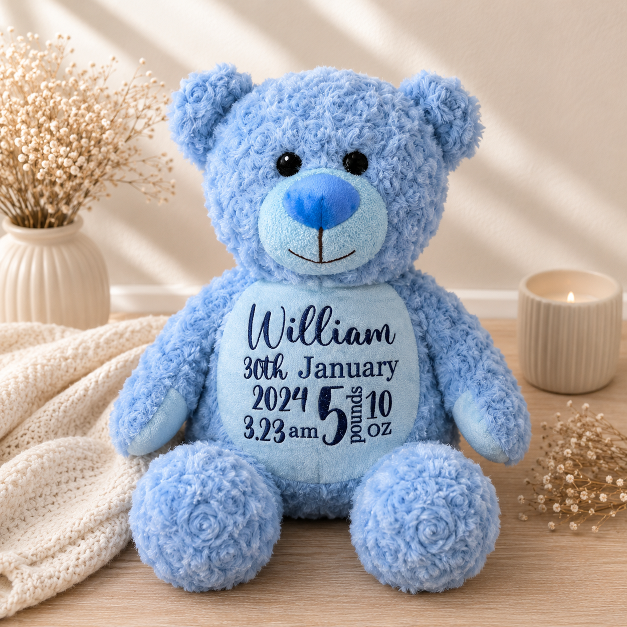 Newborn gift personalised teddy bear with name and birth stats – Grace & Grayson
