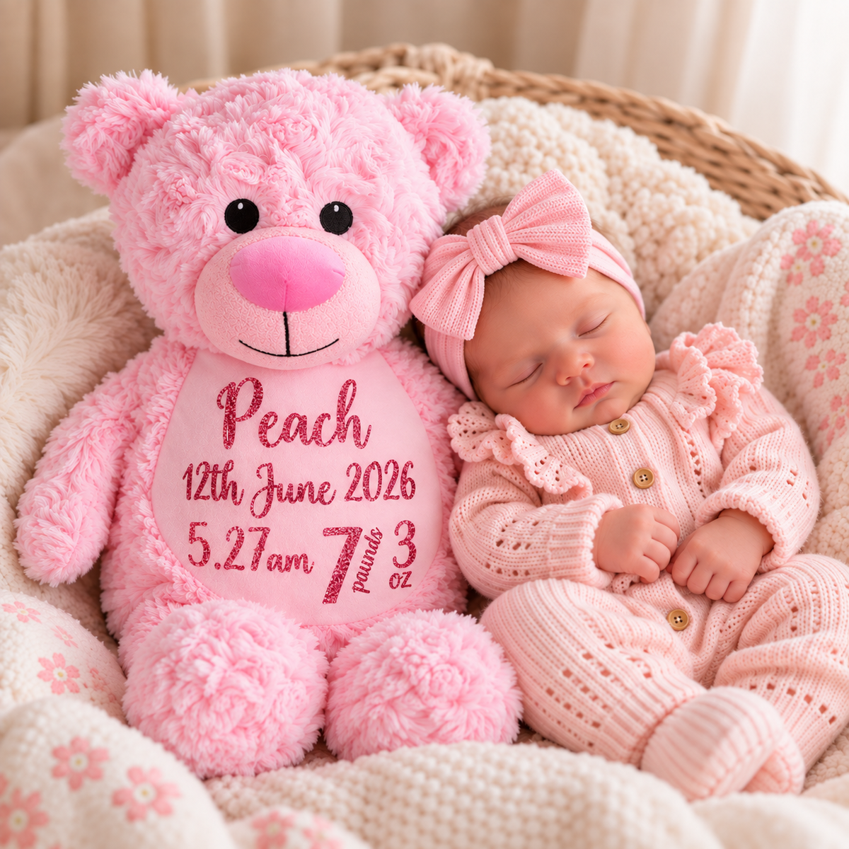 Newborn in a pink outfit and bow headband beside a fluffy pink teddy with a pink muzzle and birth details on its tummy, Grace & Grayson