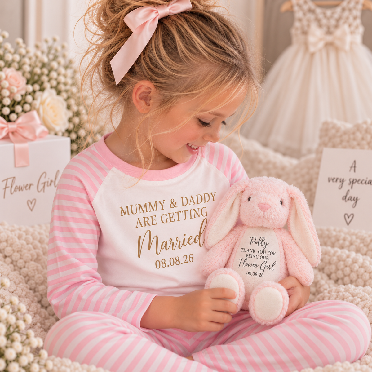Child wearing pink-and-white striped personalised pyjamas while holding a pink flower girl bunny teddy, Grace & Grayson