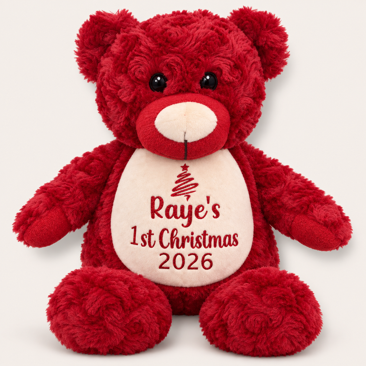 Red teddy with Christmas tree and “1st Christmas 2026” message, Grace & Grayson
