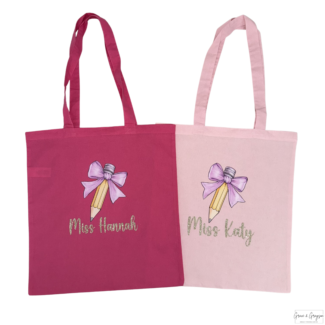 Personalised Teacher Bow Pencil Canvas Tote Bag
