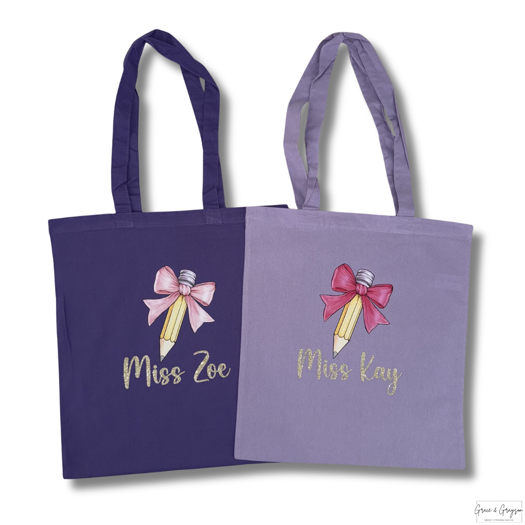 Personalised Teacher Bow Pencil Canvas Tote Bag