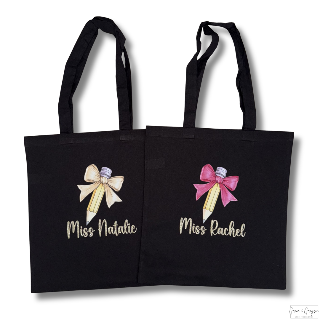 Personalised Teacher Bow Pencil Canvas Tote Bag