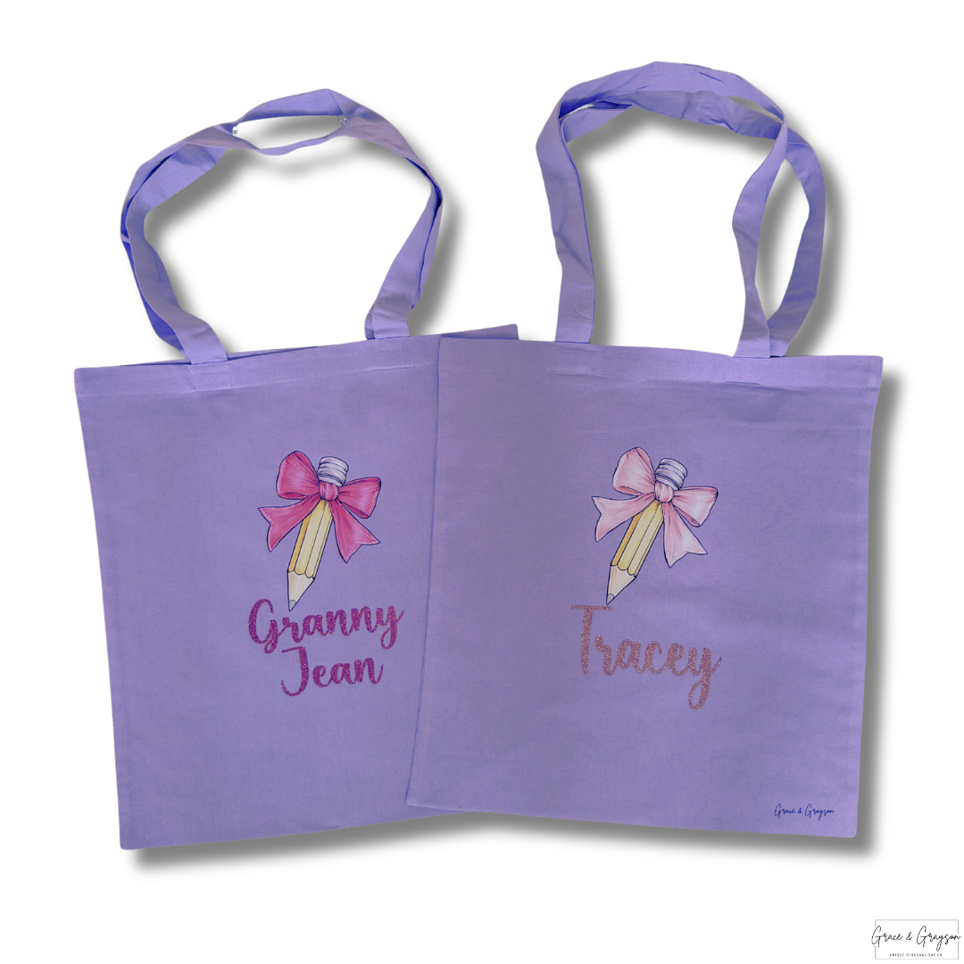 Personalised Teacher Bow Pencil Canvas Tote Bag