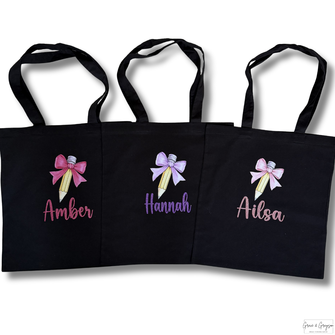 Personalised Teacher Bow Pencil Canvas Tote Bag