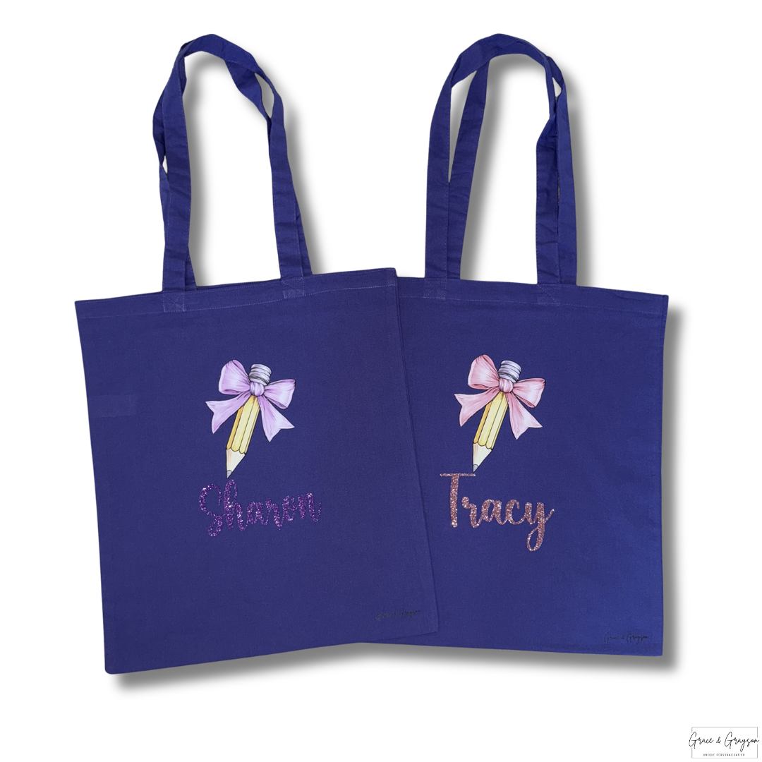 Personalised Teacher Bow Pencil Canvas Tote Bag