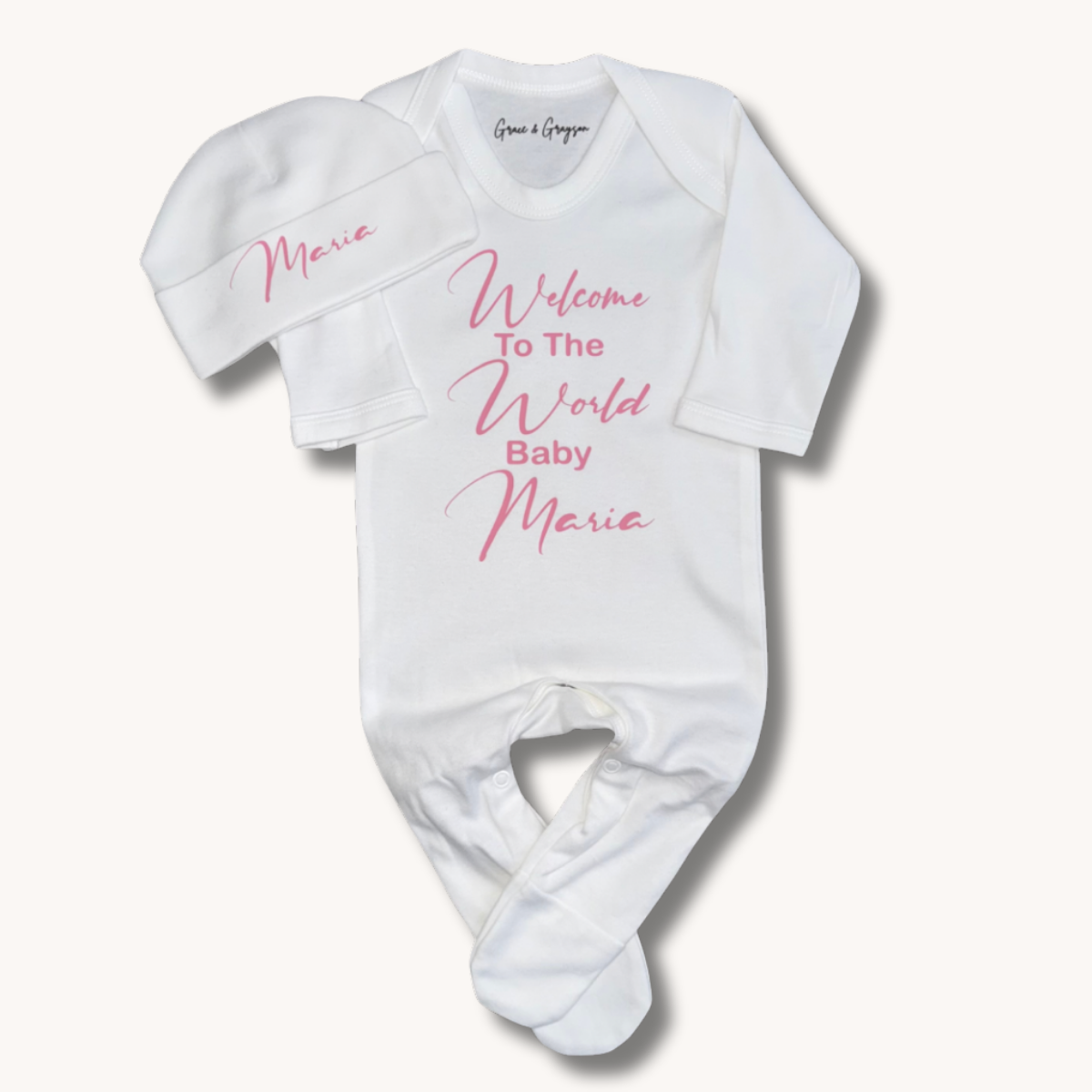 Personalised welcome to the world baby grow gift set – Grace & Grayson