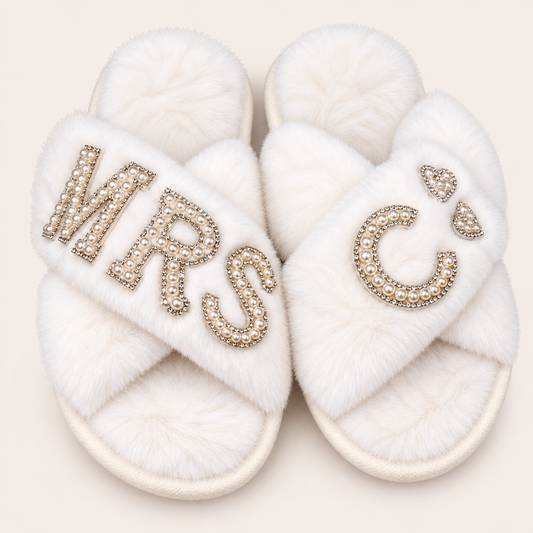 White faux fur crossover slippers with pearl MRS lettering, an initial and heart details, Grace & Grayson