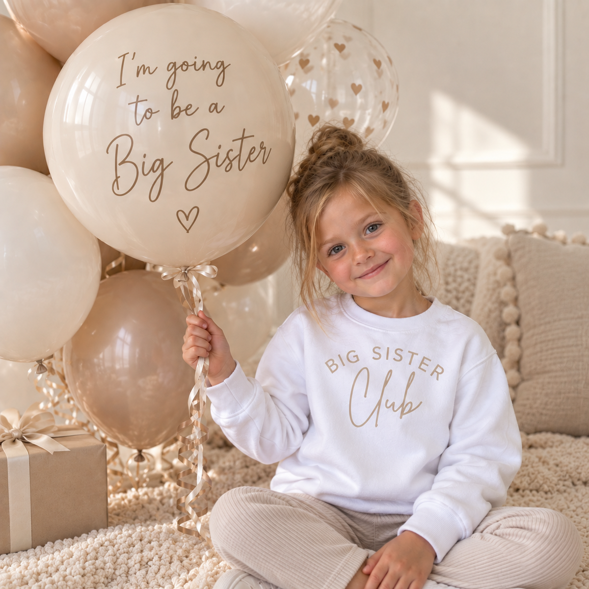Child wearing a white personalised Big Sister Club sweatshirt with gold Big Sister Club lettering, Grace & Grayson