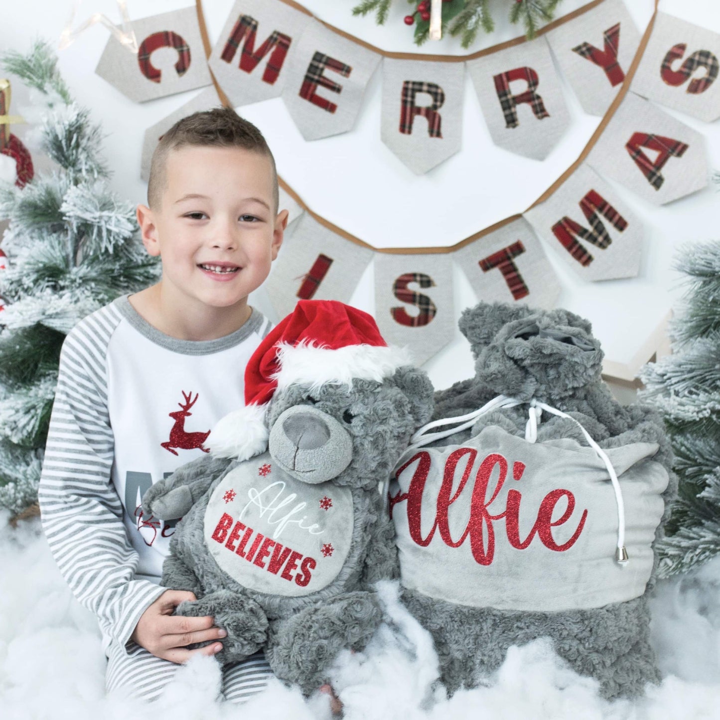 Personalised Bold Name Believes Grey Stripe Christmas Pyjamas