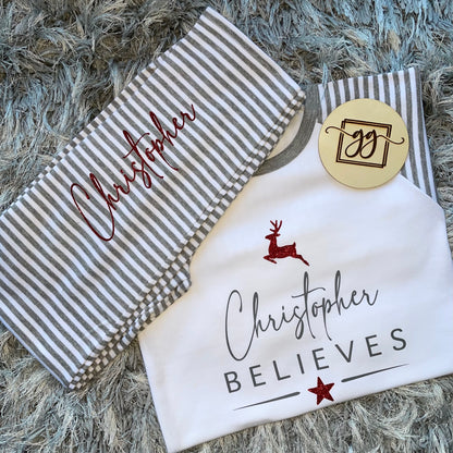 Personalised Believes Grey Stripe Christmas Pyjamas