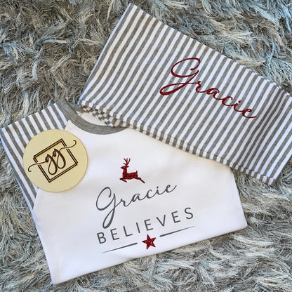 Personalised Believes Grey Stripe Christmas Pyjamas