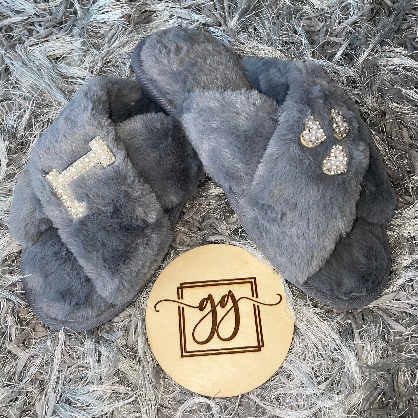 Personalised Pearl Initial & Heart Faux Fur Slippers