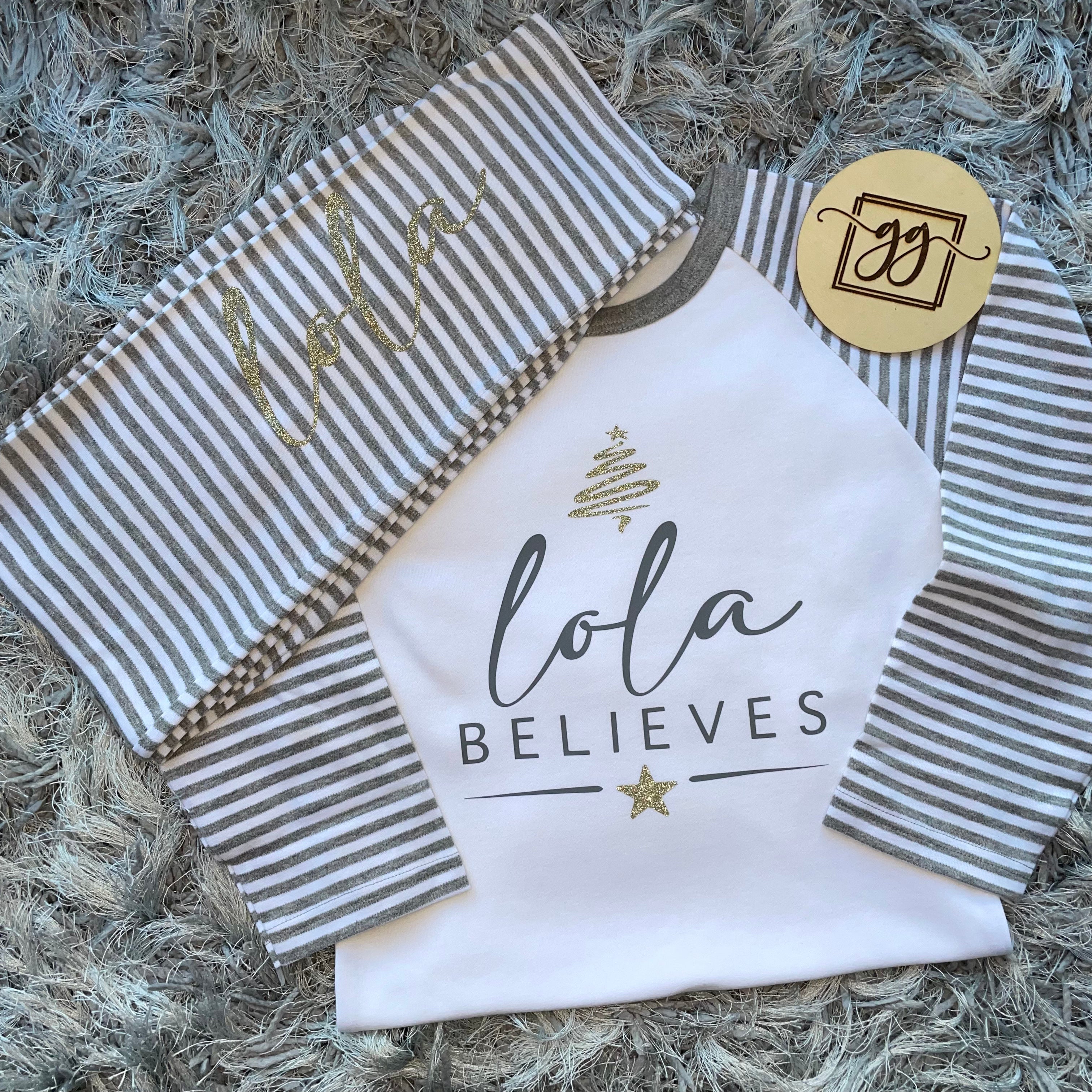 Personalised Believes Grey Stripe Christmas Pyjamas
