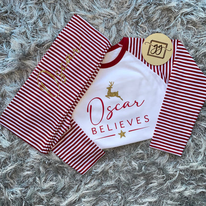 Personalised Believes Red Stripe Christmas Pyjamas
