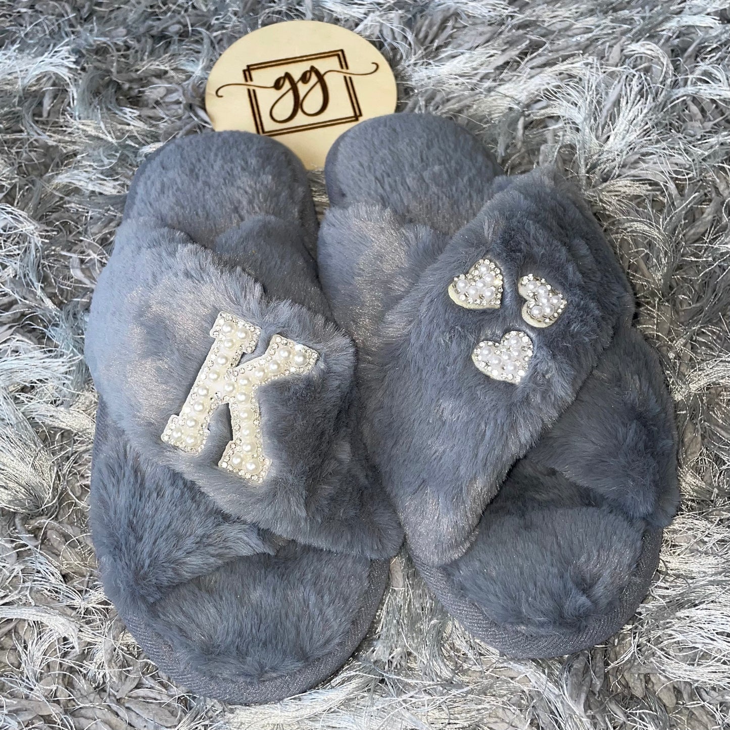 Personalised Pearl Initial & Heart Faux Fur Slippers