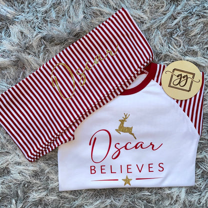 Personalised Believes Red Stripe Christmas Pyjamas