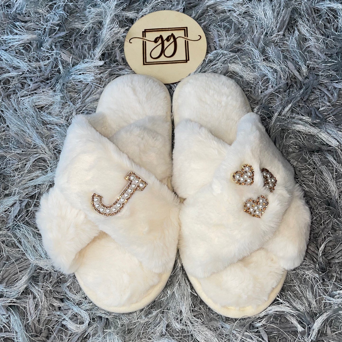 Personalised Pearl Initial & Heart Faux Fur Slippers